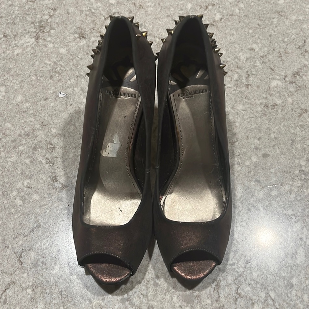 Fergalicious Copper peep toe studded heels